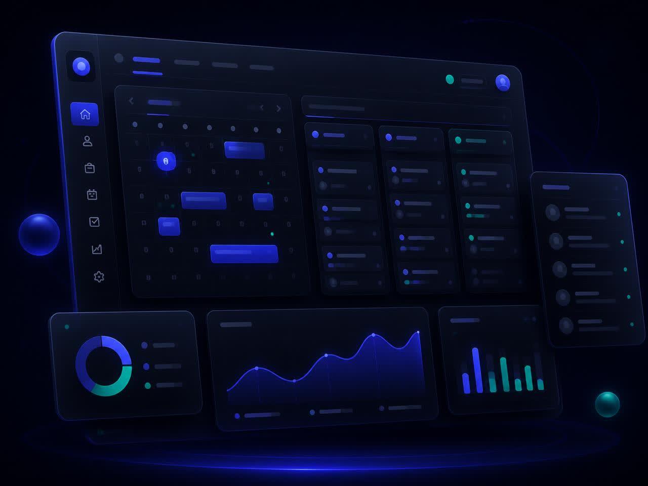 Dark booking dashboard mockup showing a calendar, leads pipeline and performance charts