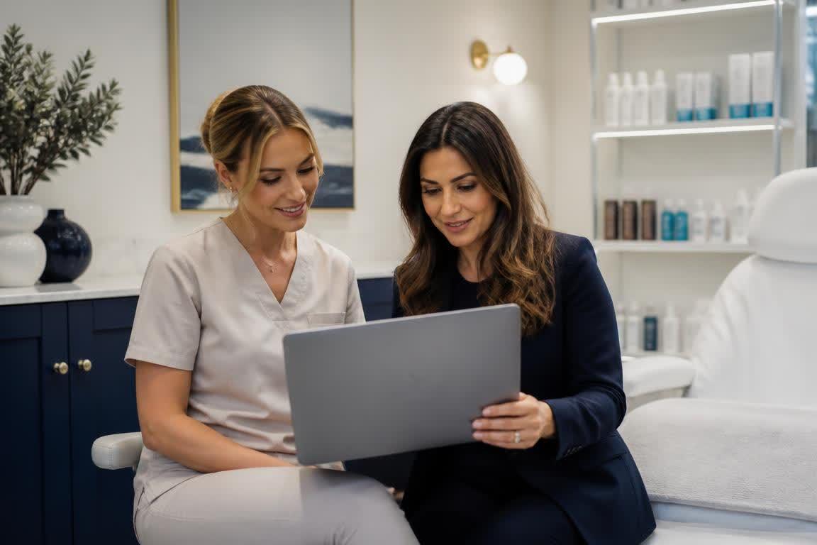 Aesthetic clinic owner and marketing strategist reviewing advertising performance