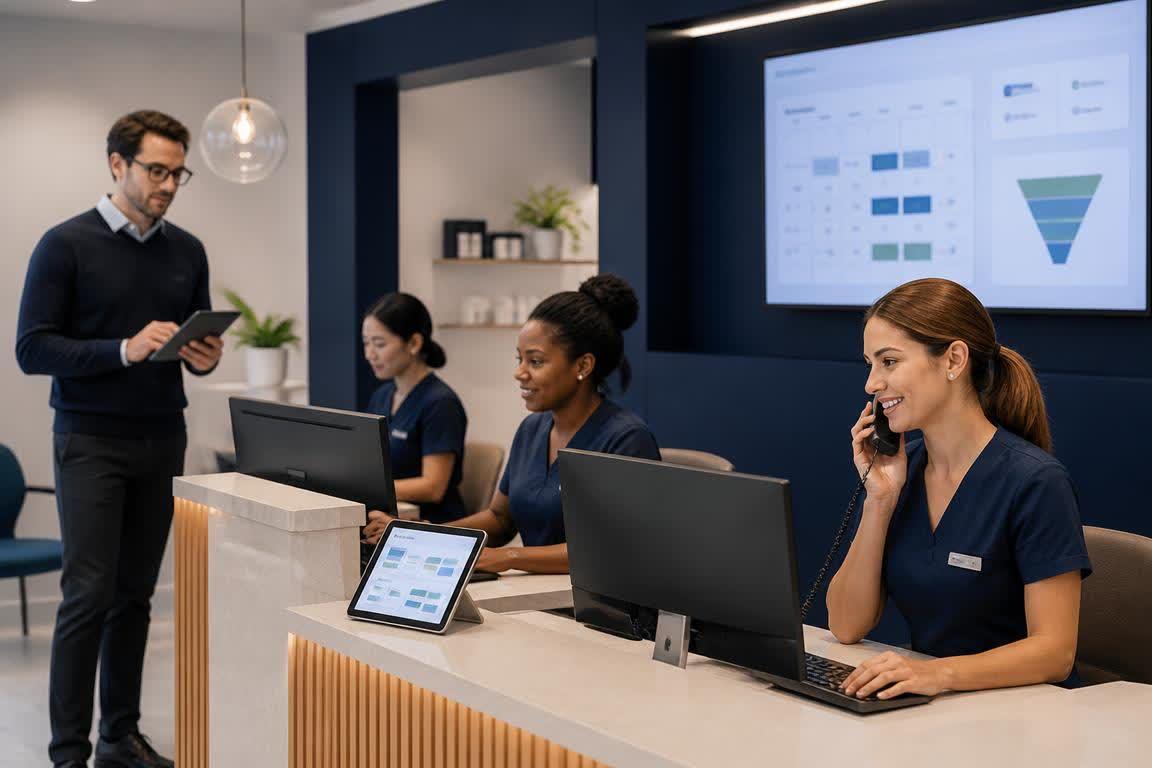 Dental reception team managing appointment enquiries with an automated booking system