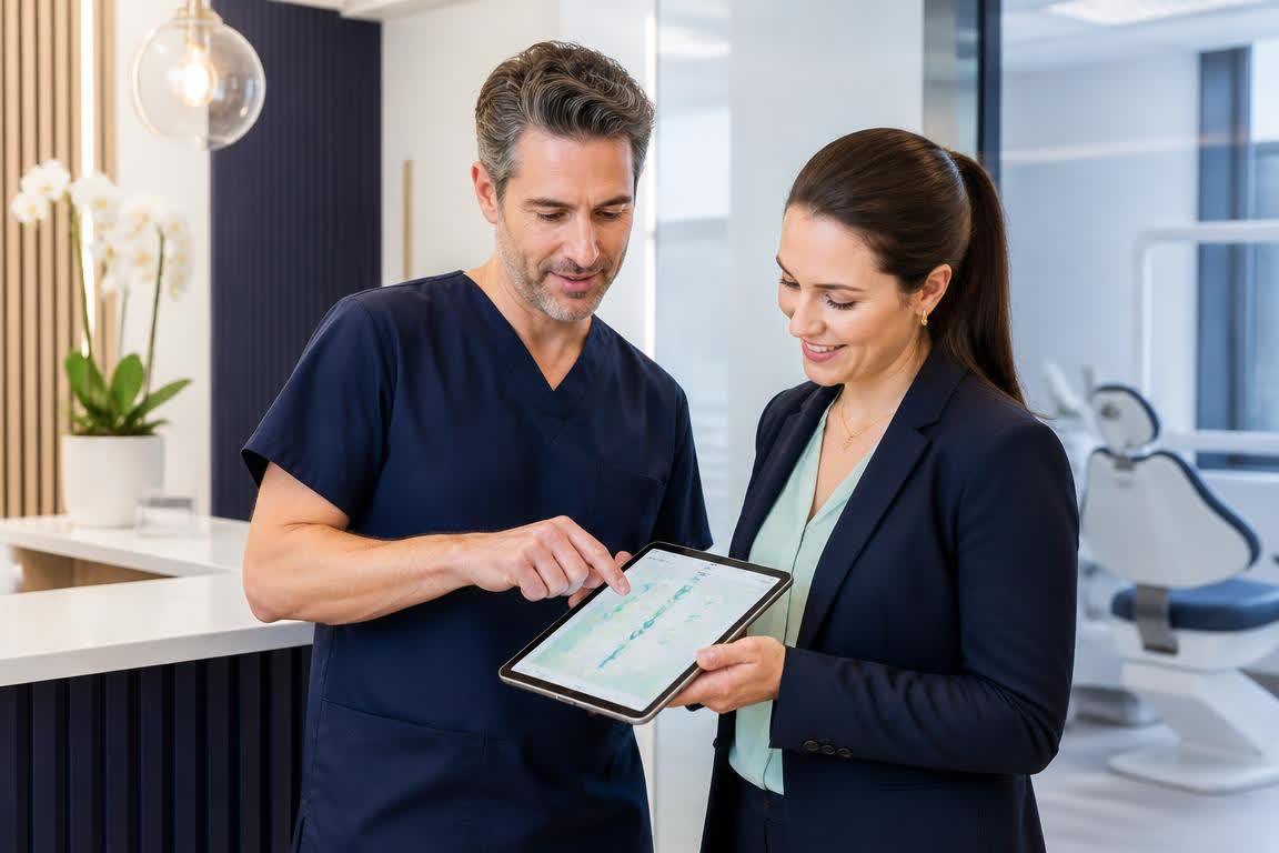 UK dentist and local search specialist reviewing clinic visibility on a tablet