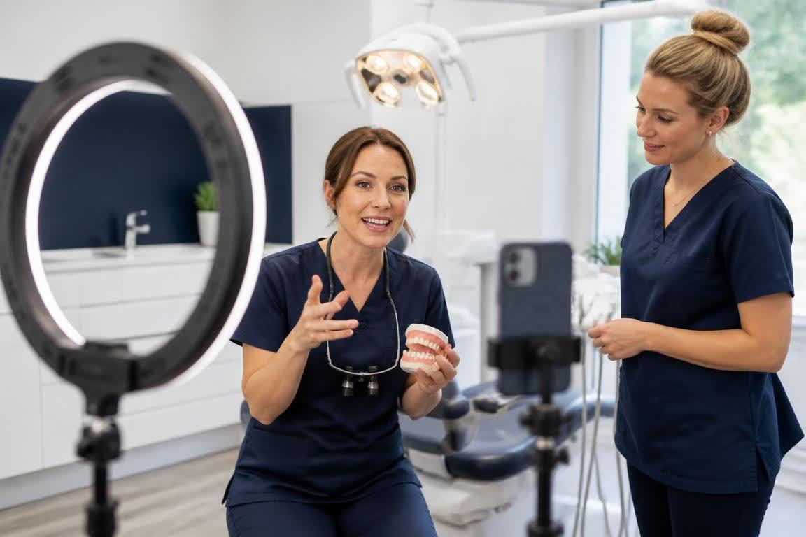 Dental clinicians recording an educational social media video inside their practice